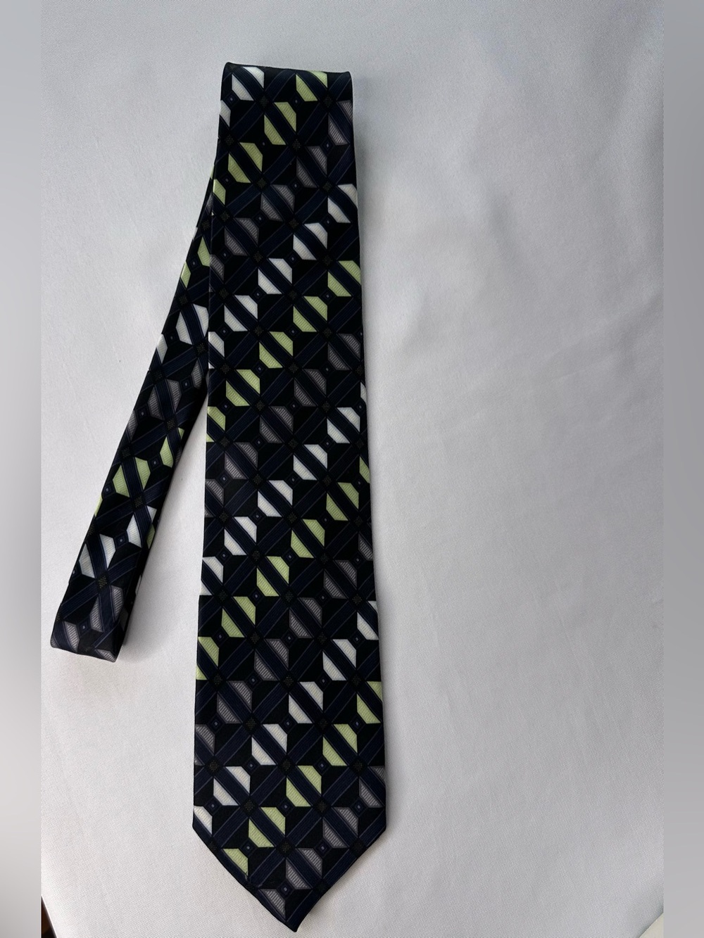Kilburne and Finch Navy Geometric Tie with Lime and White Accents 100% Silk